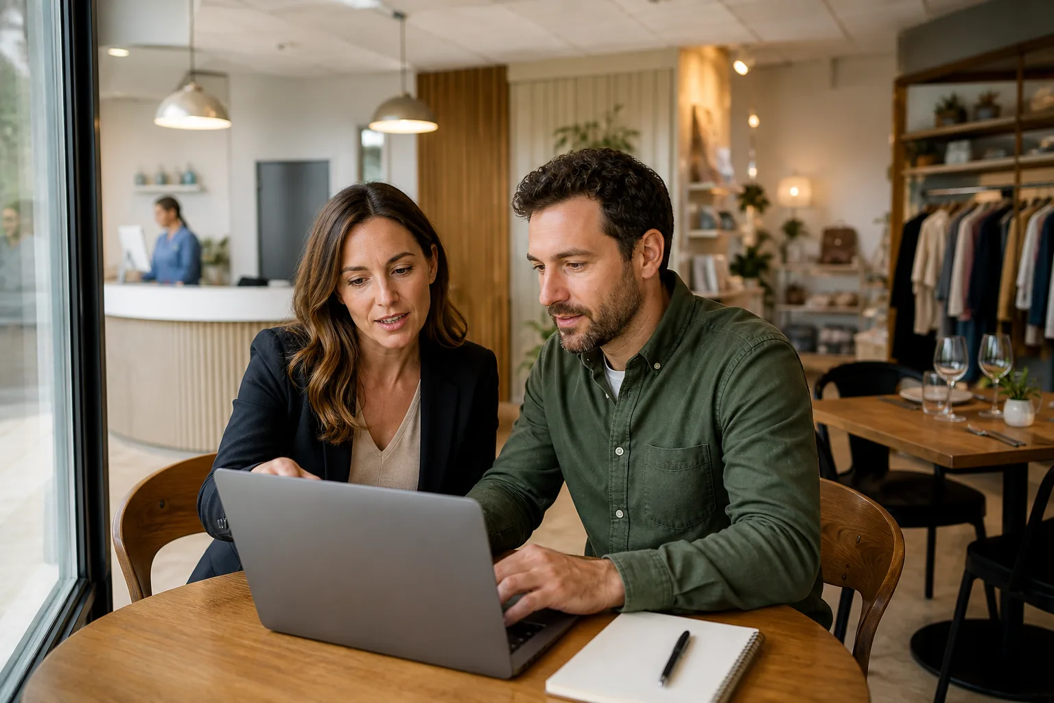 Small business owner and web designer reviewing a website on a laptop in a modern storefront setting