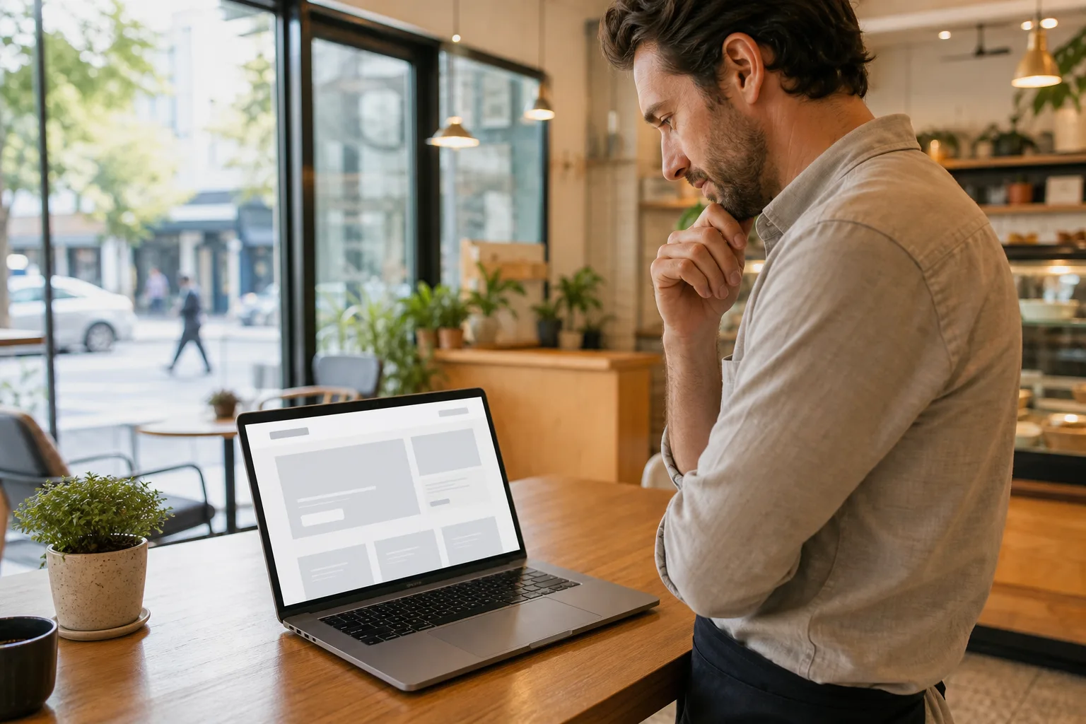 A small business owner reviewing a homepage layout with a designer in a Vancouver office