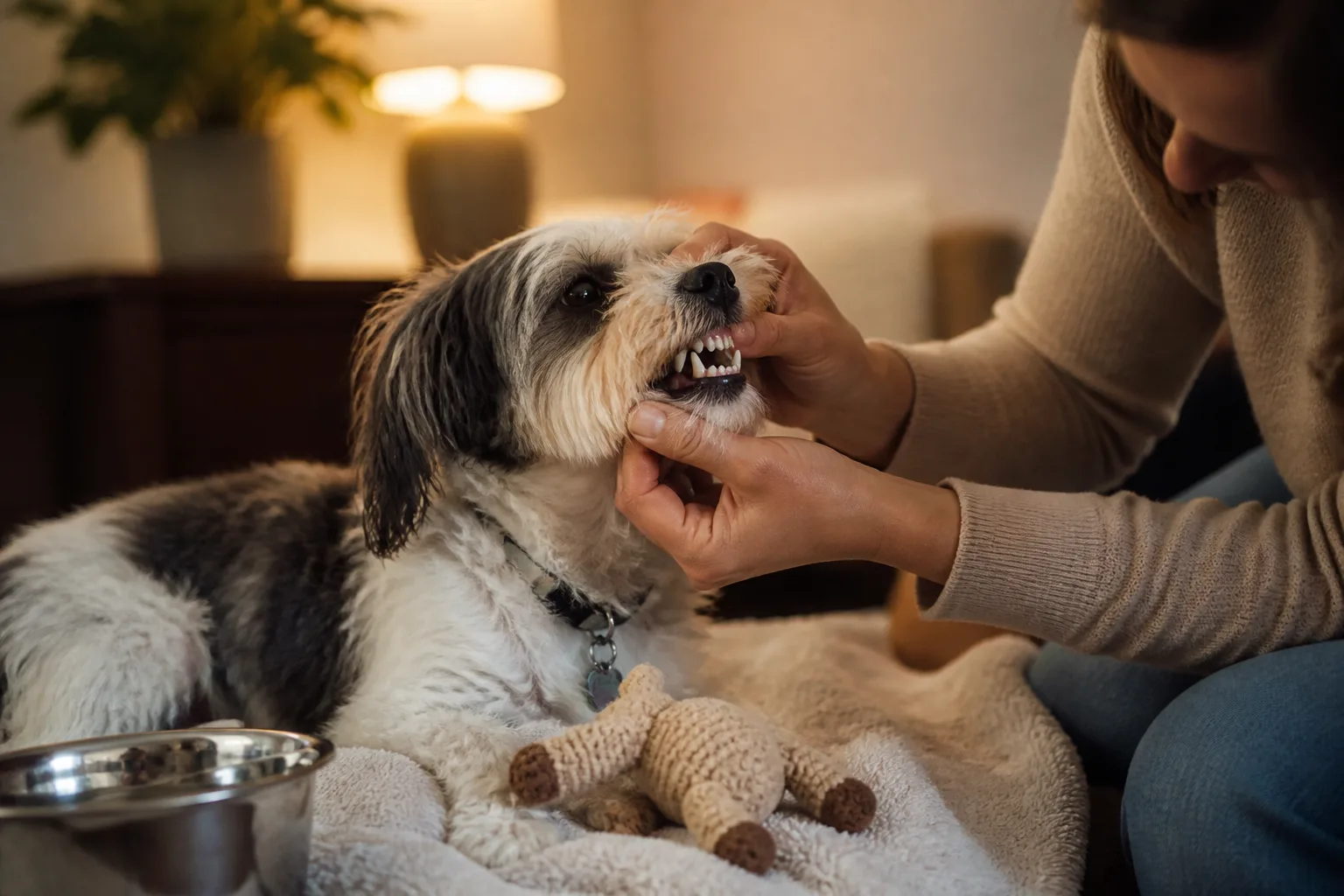 Veterinarian reviewing a pre-dental cleaning checklist with a pet owner beside a dog and cat ready for an appointment