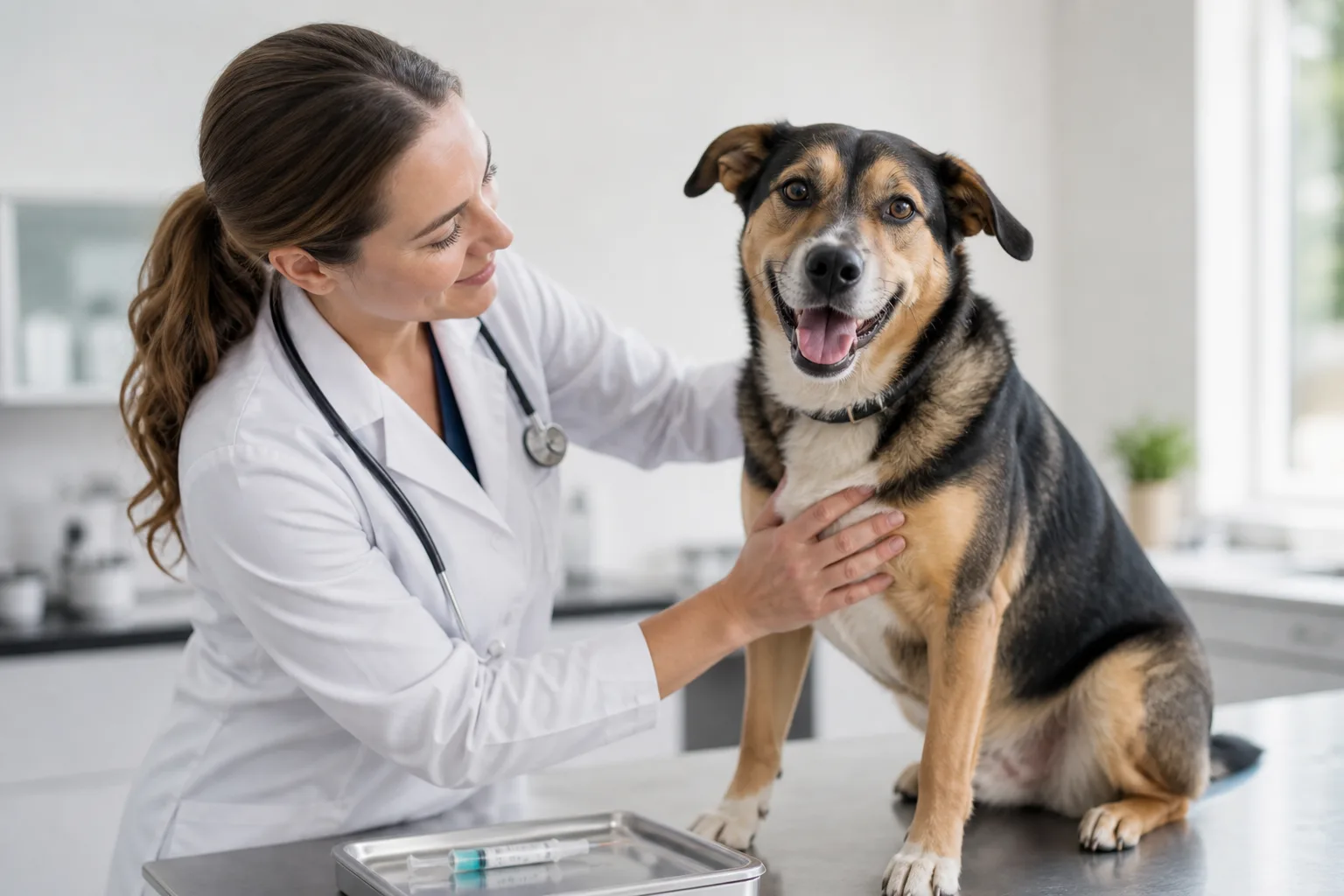 A veterinarian examining a happy dog during a checkup