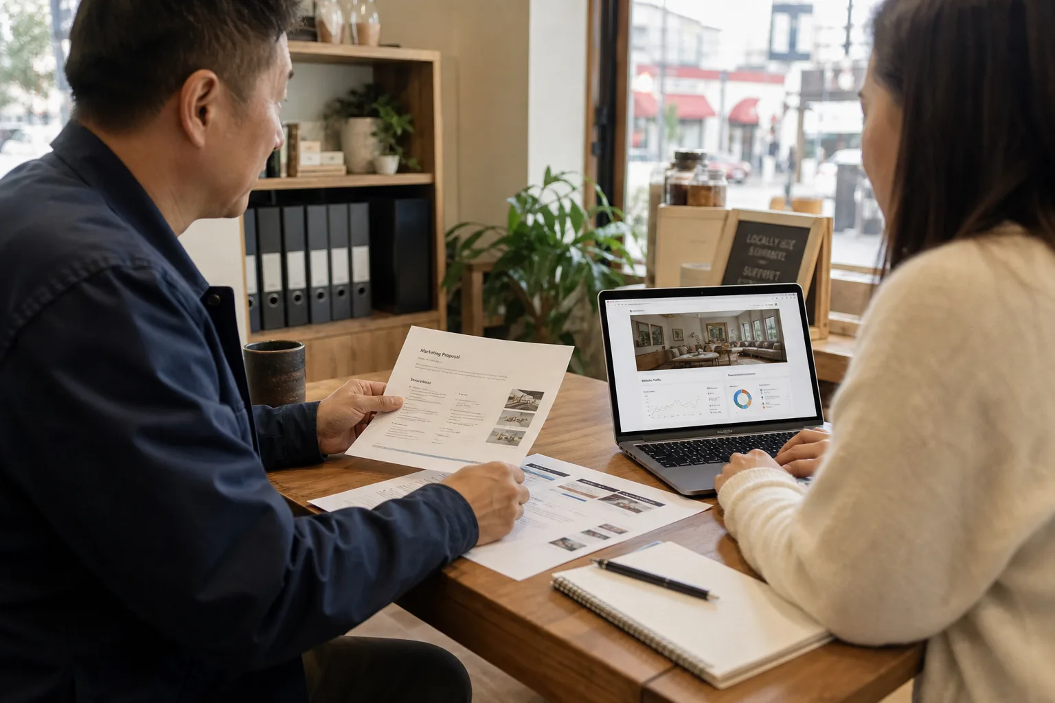 A small business owner reviewing a digital marketing proposal with an agency strategist in a Vancouver office