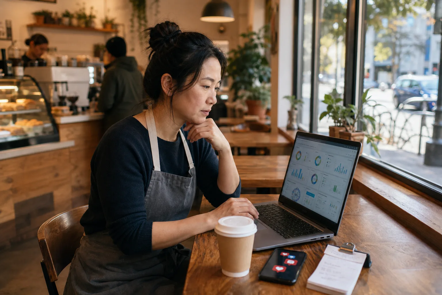 Small business owner reviewing digital marketing results in a local café