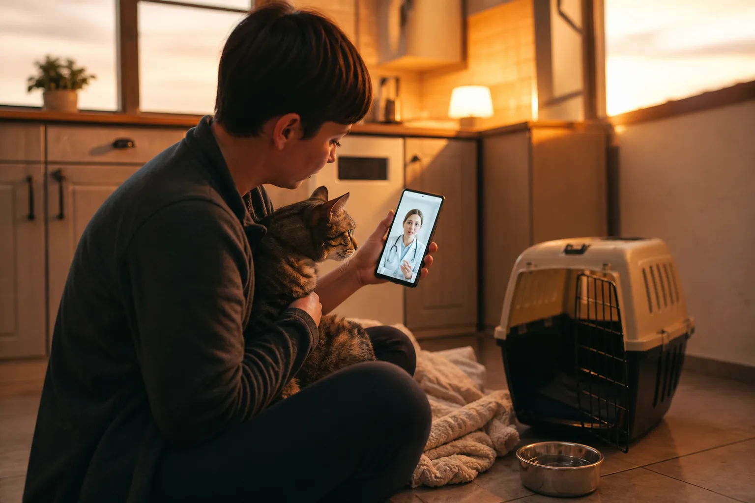 Persona en casa consultando a un veterinario en línea mientras sostiene a su gato con calma.