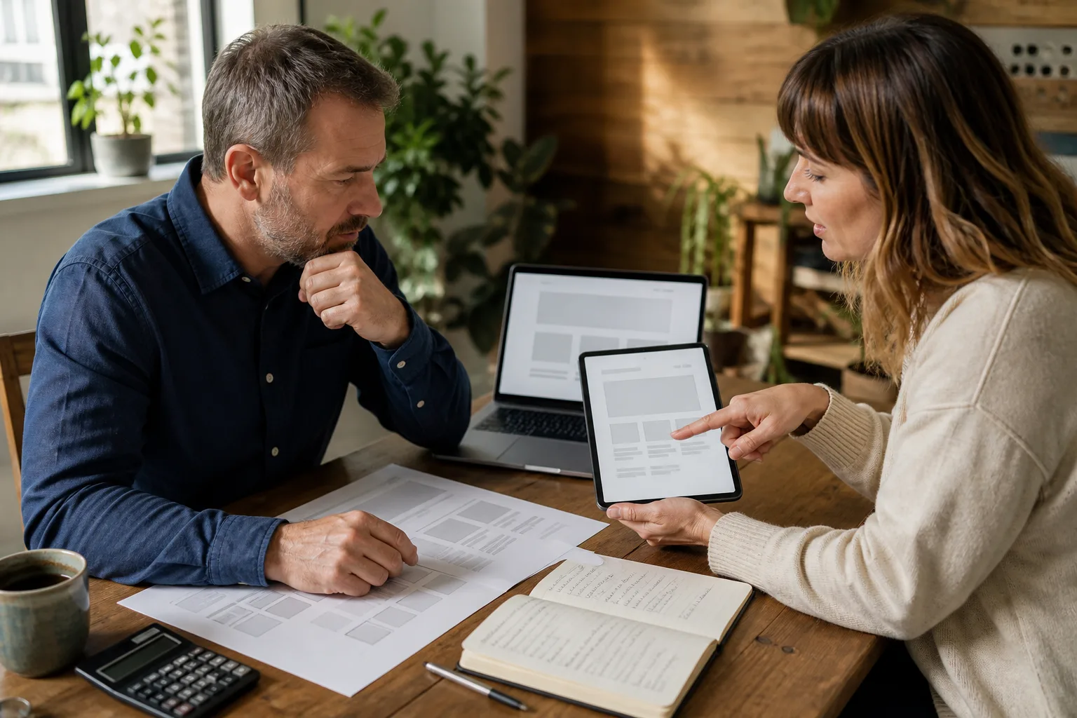 Small business owner comparing website design agency quotes at a desk with a laptop and budget notes