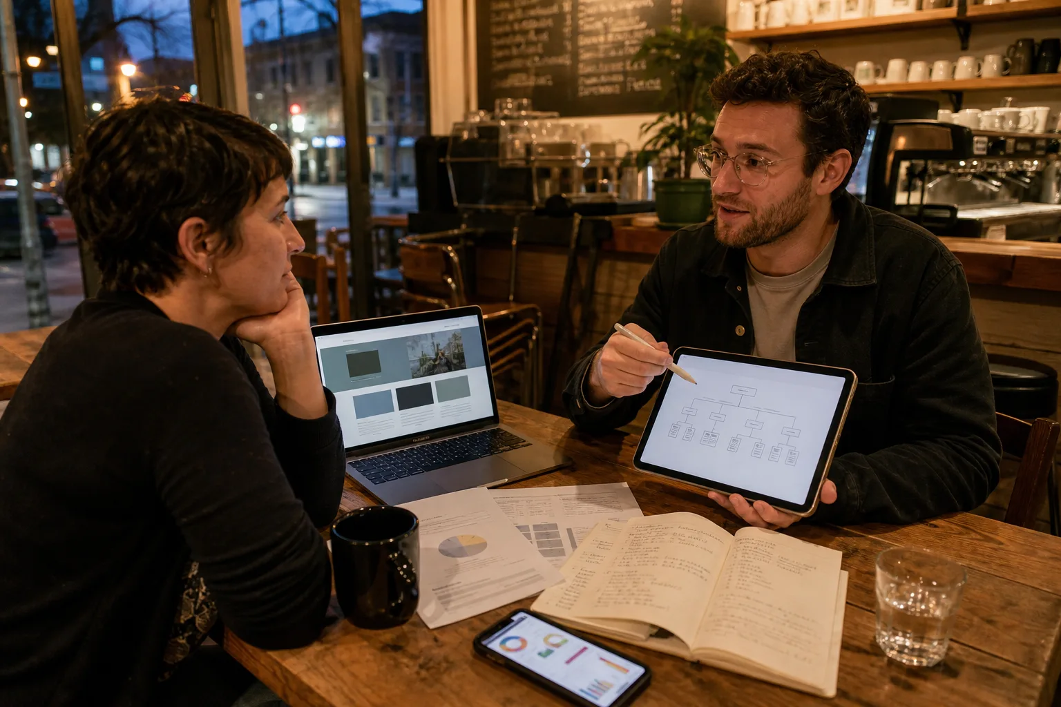 Small business owner reviewing website design costs with a digital marketing consultant in a café