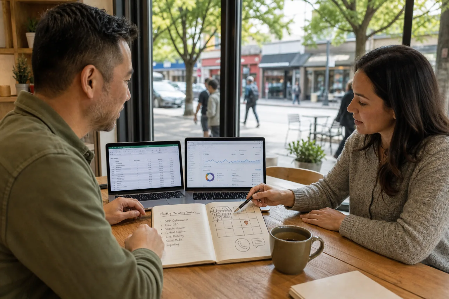 Small business owner reviewing SEO agency pricing and website performance with a consultant at a café table