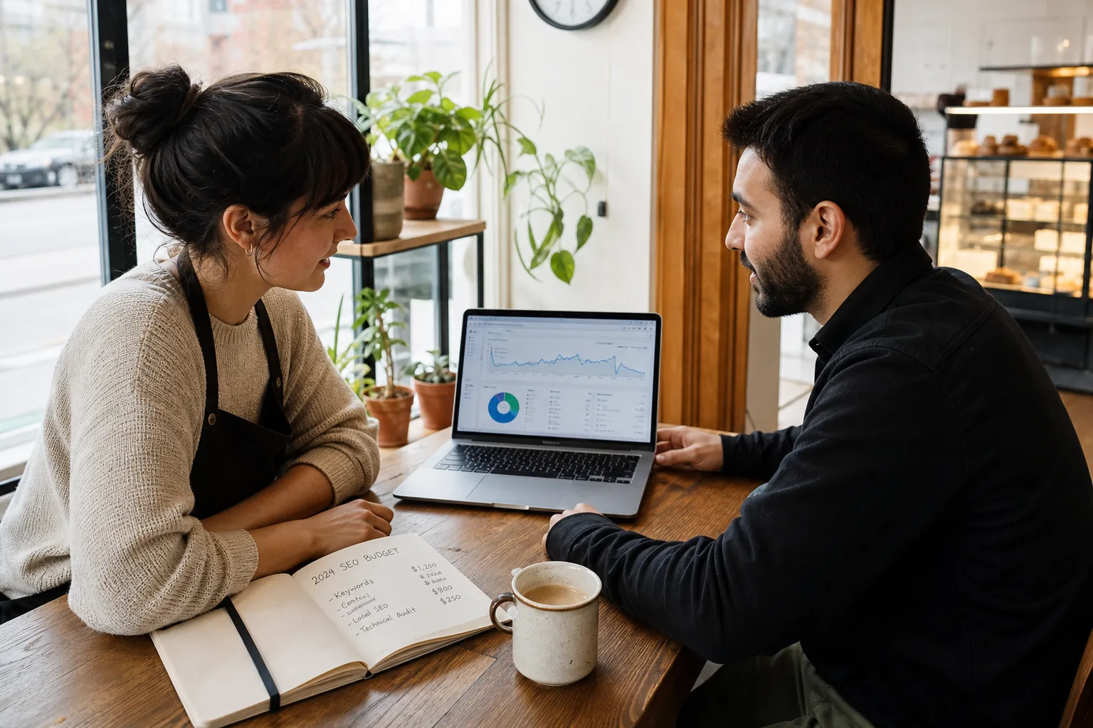 A small business owner discussing SEO pricing with a digital marketing consultant in a café office.