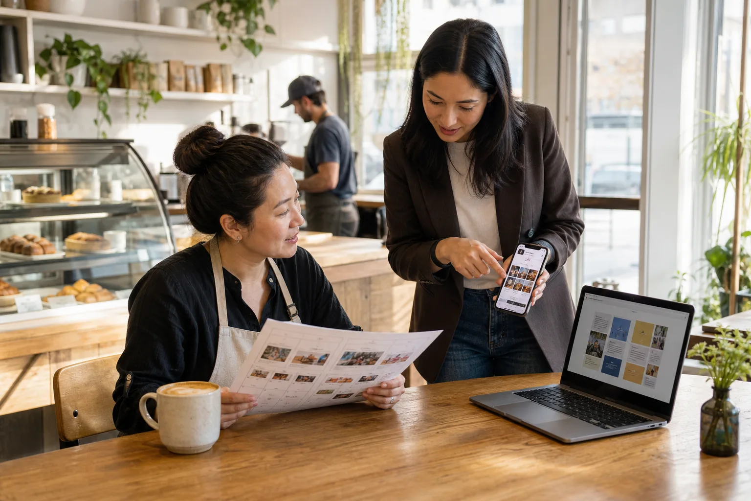 Small business owner reviewing a social media management proposal with a digital marketer in a neighborhood café