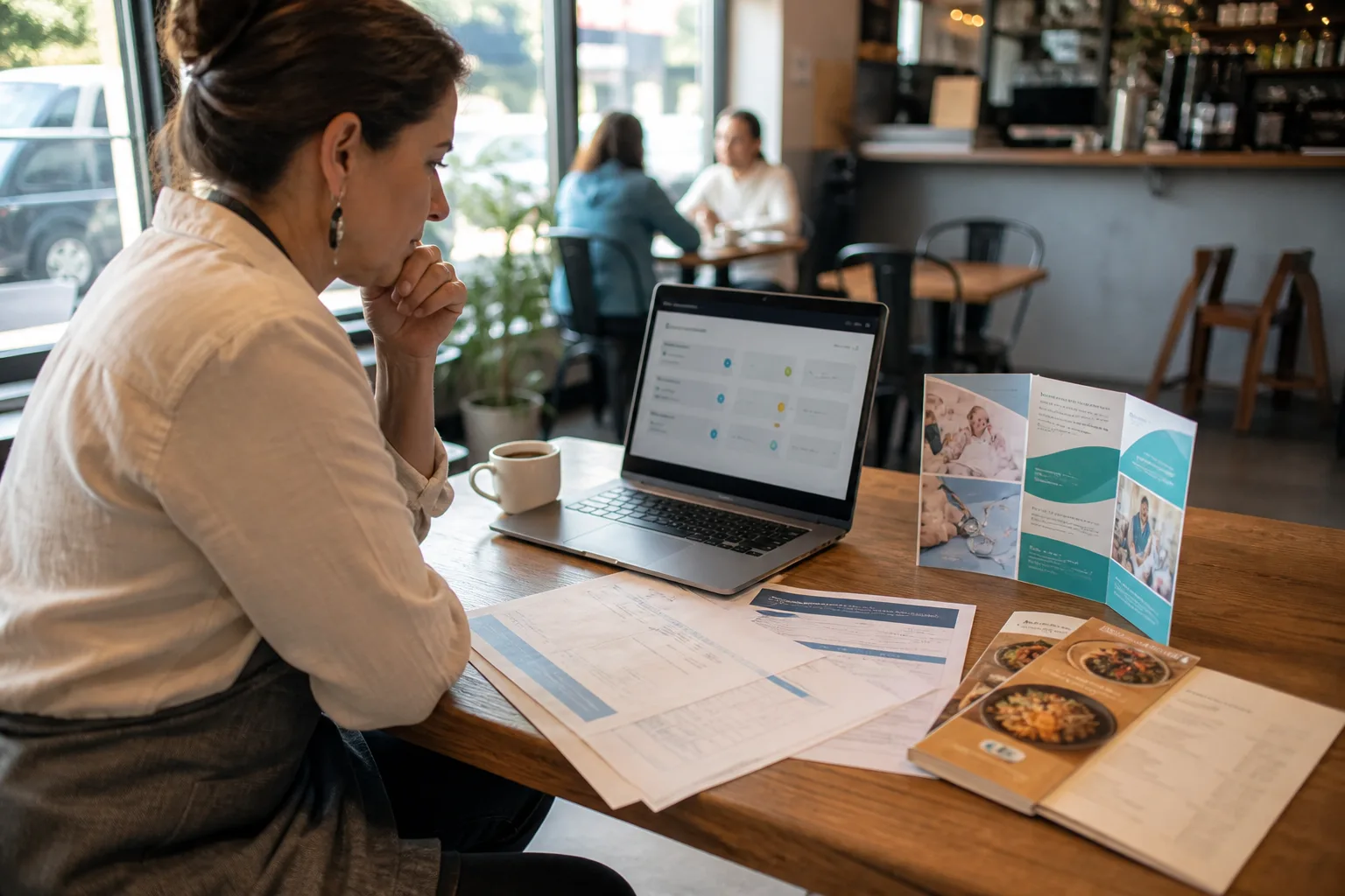 Small business owner comparing digital marketing agency quotes at a café table