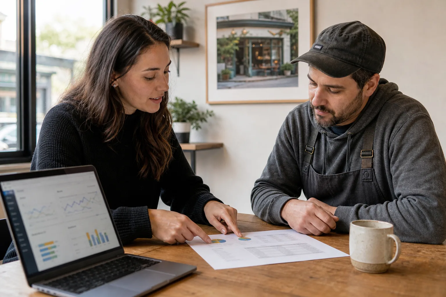 A small business owner and a marketing strategist reviewing Google Ads management pricing on a laptop in a Vancouver office