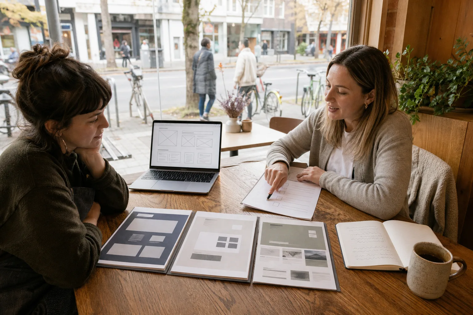 A small business owner reviewing website design package proposals with a digital marketing consultant in a café