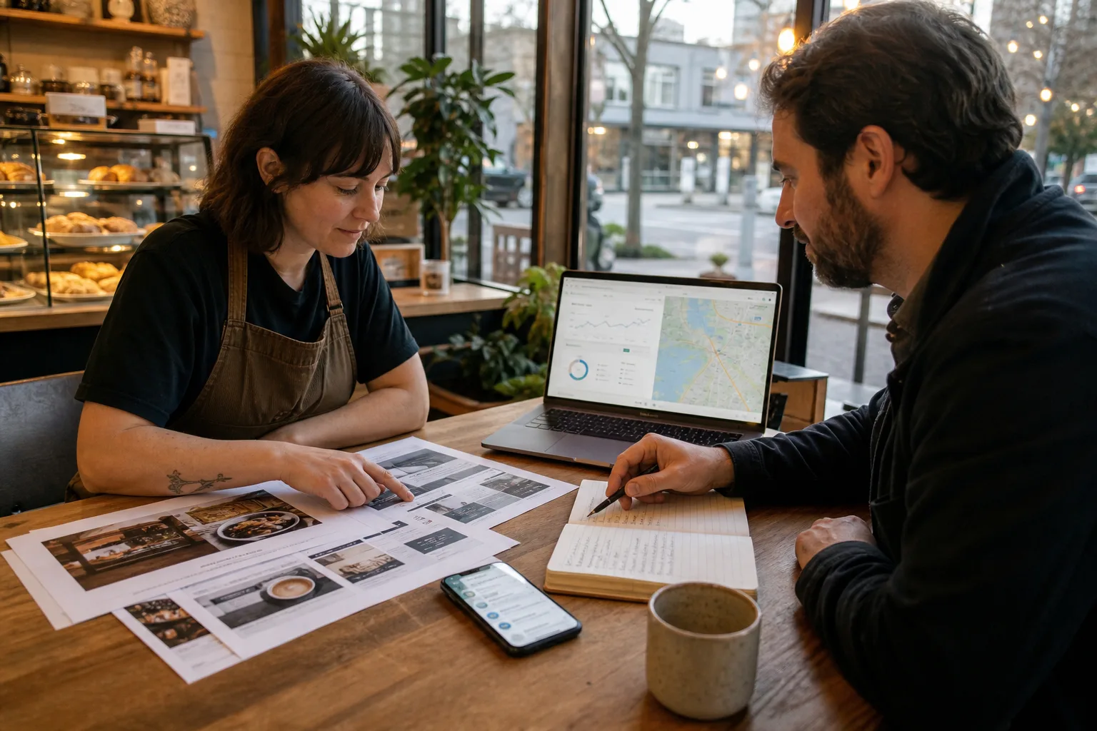 A small business owner reviewing marketing plans with an agency consultant in a local café