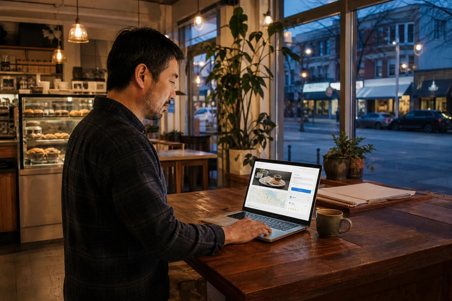 Small business owner reviewing a local business website with booking, phone, map, and review sections on a laptop