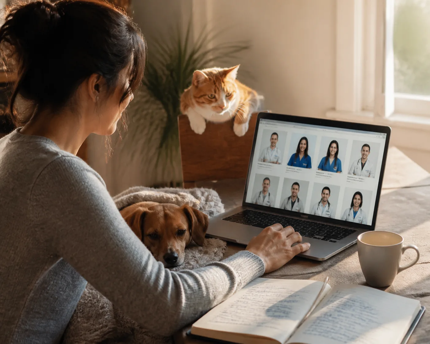 Persona comparando veterinarios online en una laptop mientras su perro y su gato descansan cerca en casa.