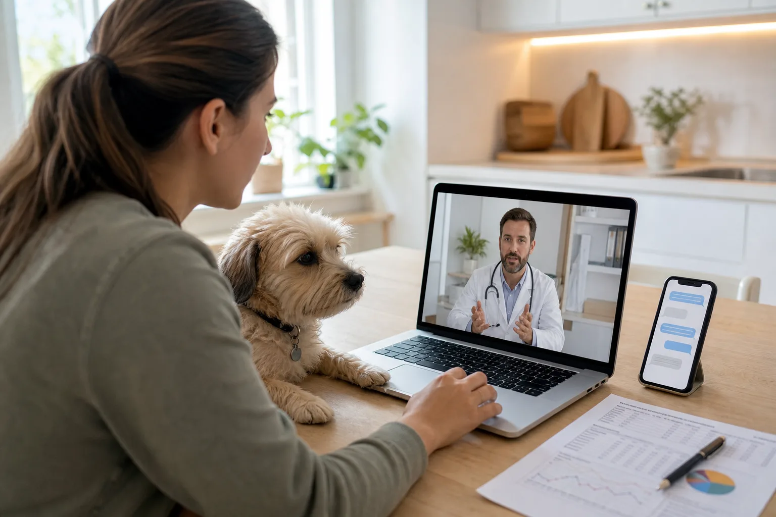 Dueña con su perro revisando una videollamada veterinaria, un chat y unos análisis en una mesa de casa.