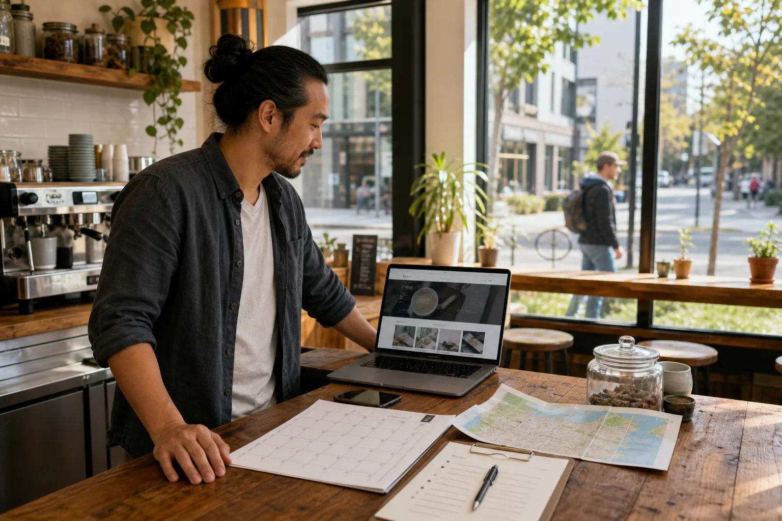 Small business owner reviewing a local business website mockup on a laptop in a café