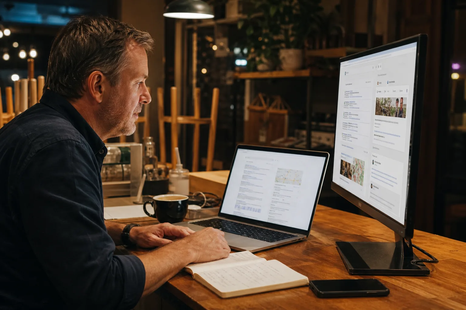 Small business owner reviewing Google and AI search visibility on a laptop in a café after hours