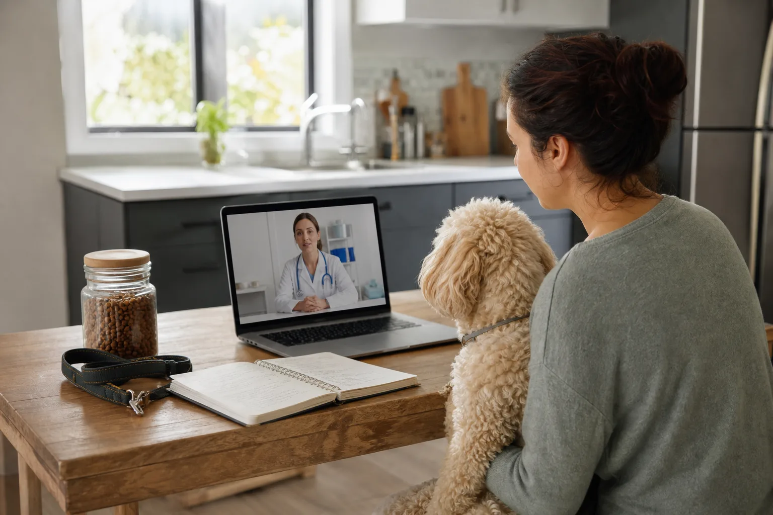 Persona en casa haciendo una consulta veterinaria online mientras su perro está a su lado