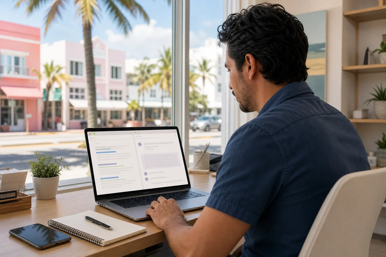 Small business owner comparing Google search results and a ChatGPT answer on a laptop in a café office