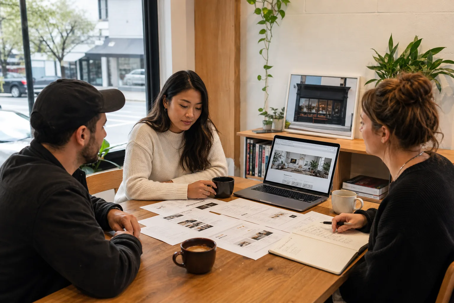 Small business owner reviewing website design package options with a digital marketing team in a Vancouver office