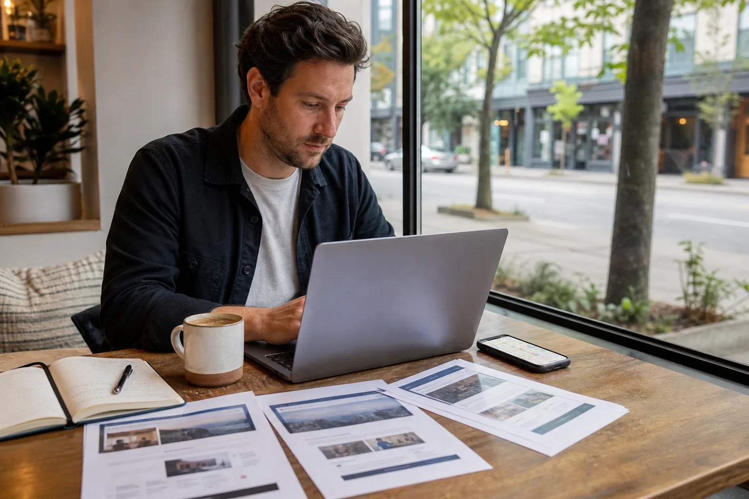 Small business owner comparing website design package proposals while searching for a local digital marketing agency