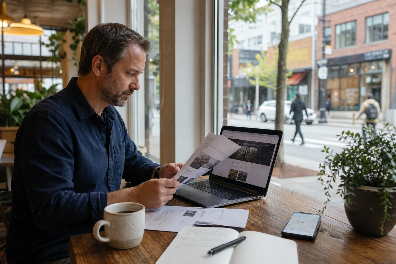 Small business owner comparing digital marketing agency proposals in a Vancouver café