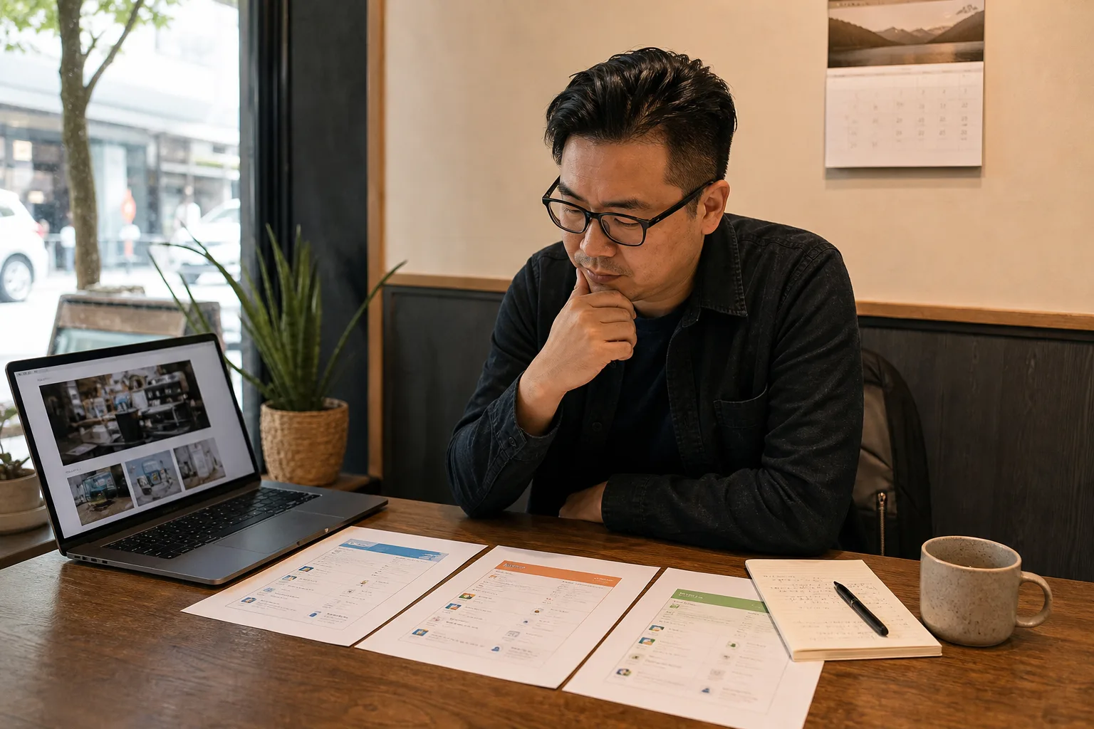 Small business owner comparing digital marketing options at a table with proposals and a laptop