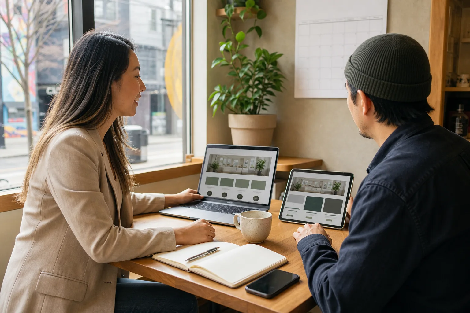 Small business owner meeting with a digital marketing consultant to review website design on a laptop