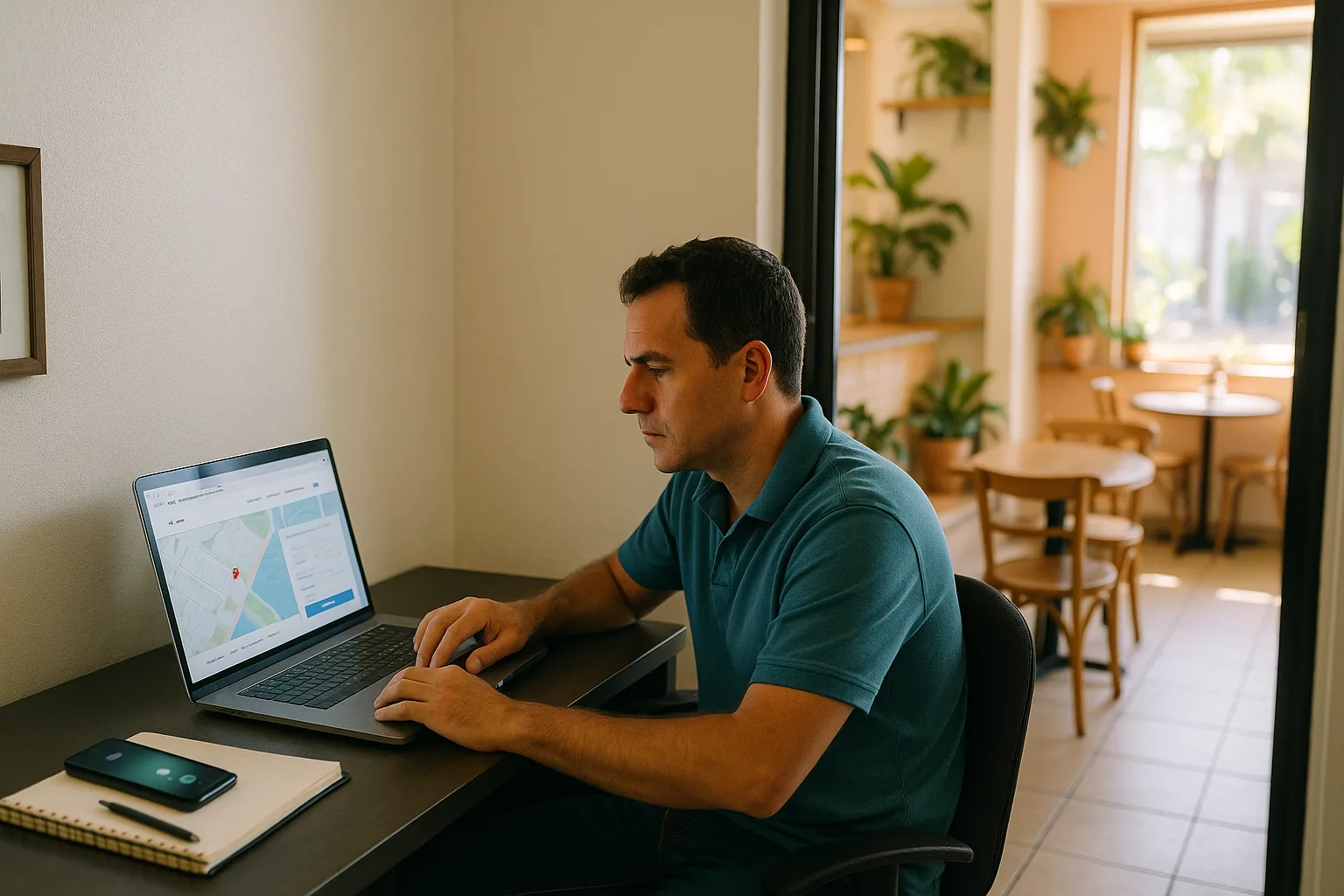 Small business owner reviewing a website that shows contact details, booking options, and lead forms