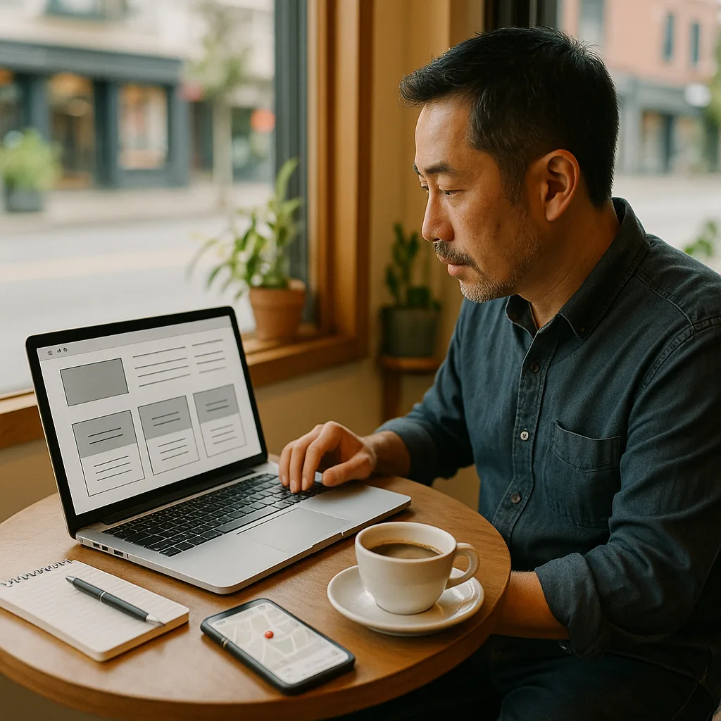A small business owner reviewing website design package options on a laptop in a café