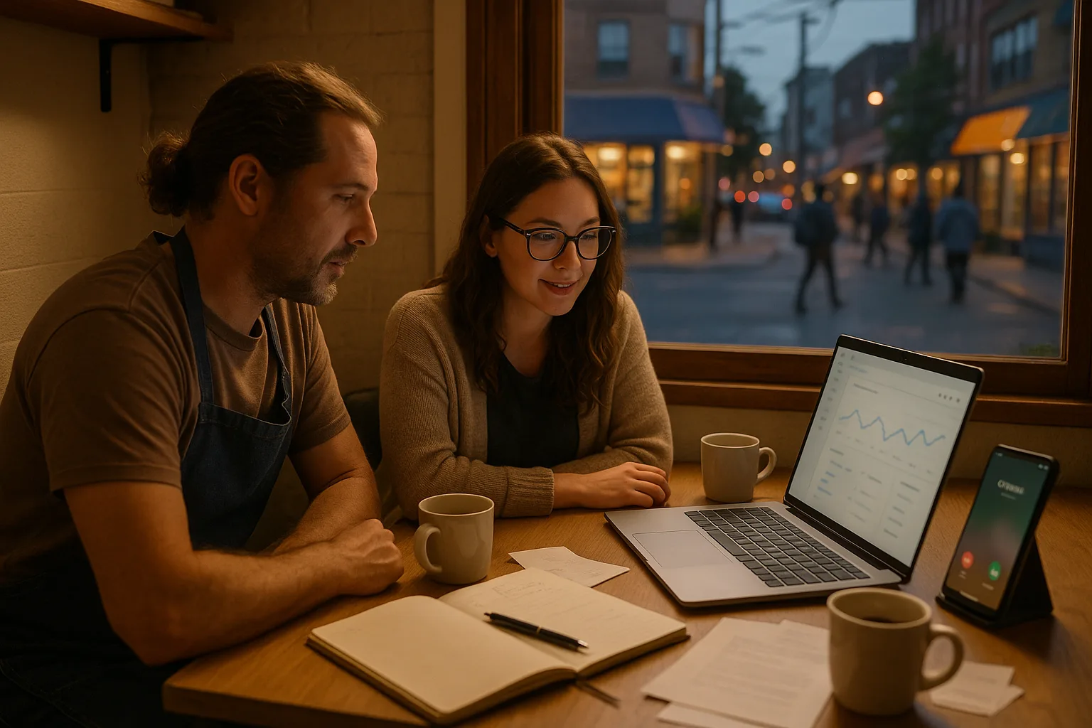 Small business owner and marketing strategist reviewing Google Ads performance in a local café office