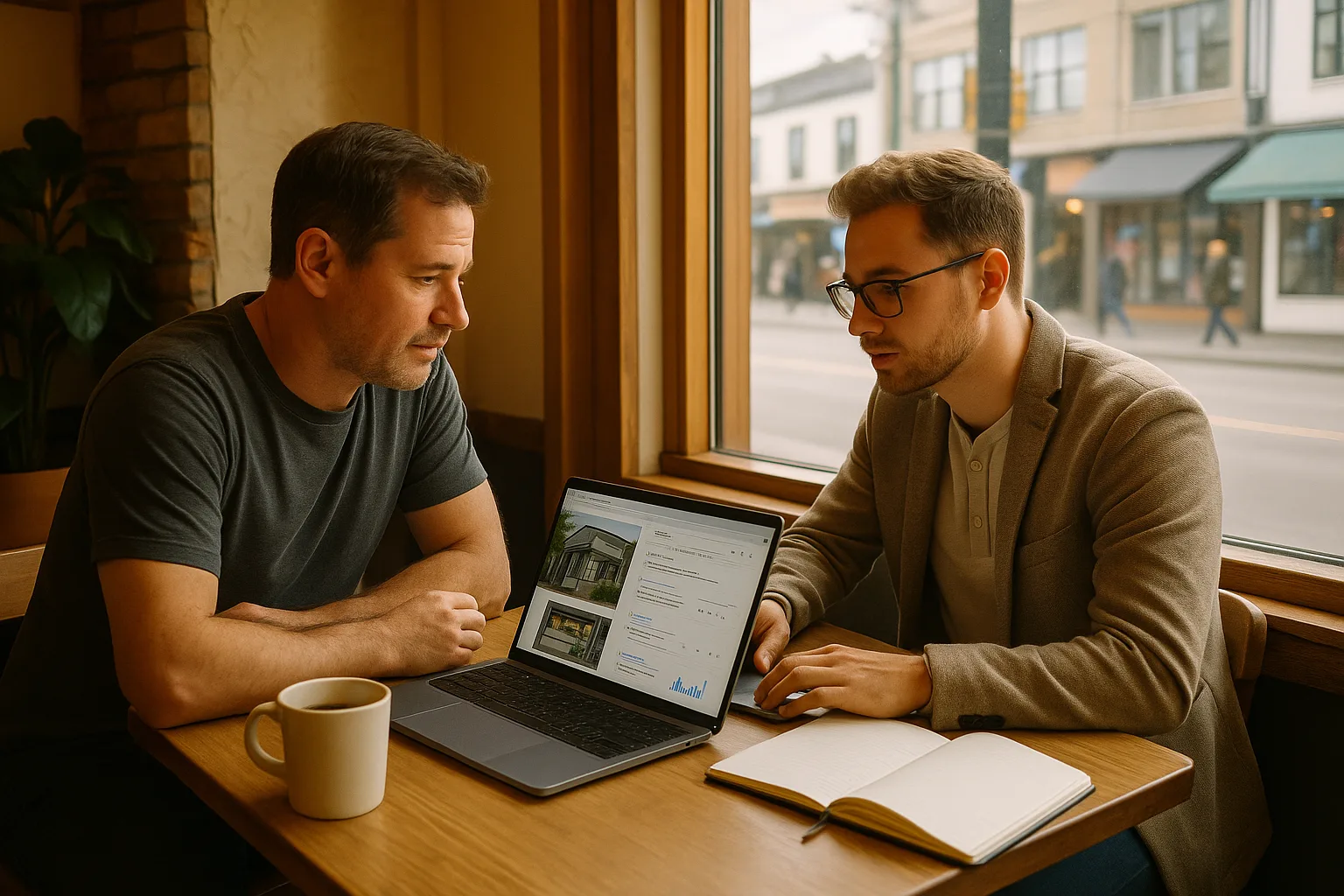 A small business owner and a marketing strategist reviewing SEO results on a laptop in a local café office setting.