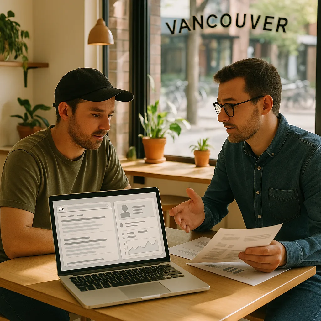 Small business owner and marketer reviewing local SEO plans in a café