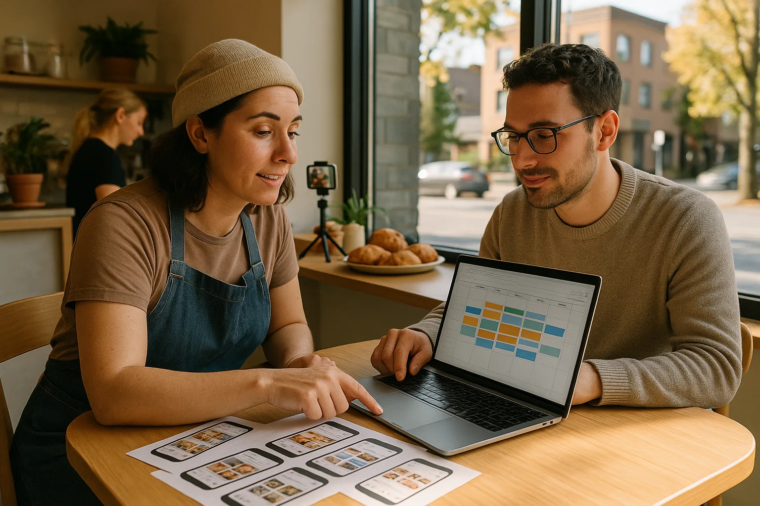 Small business owner and marketer planning social media content in a local café