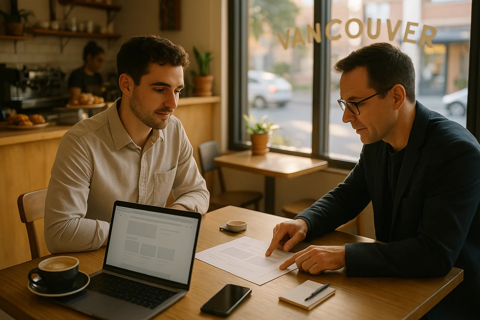 Small business owner reviewing a website draft with a consultant in a local café