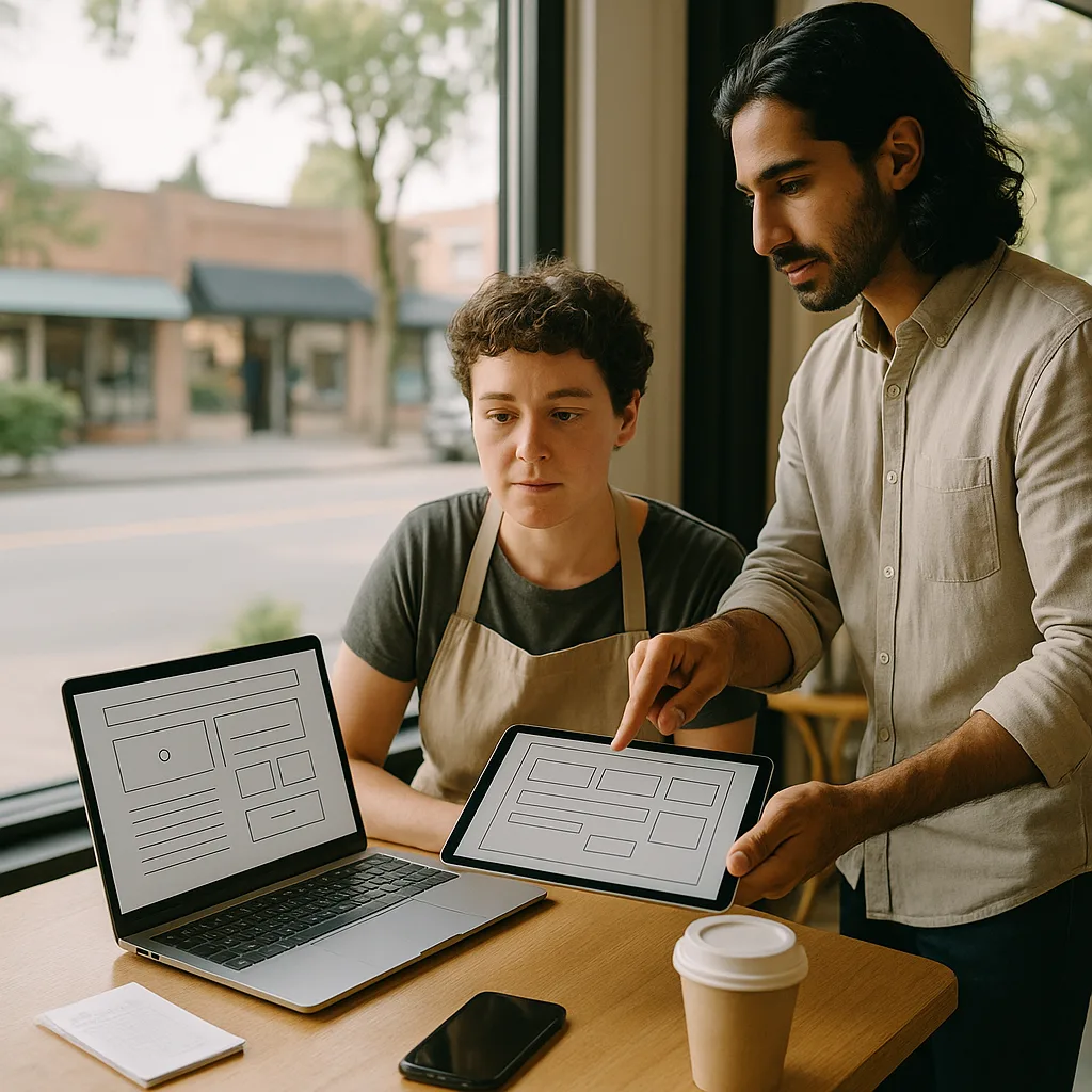 Small business owner and web designer reviewing website mockups at a cafe table