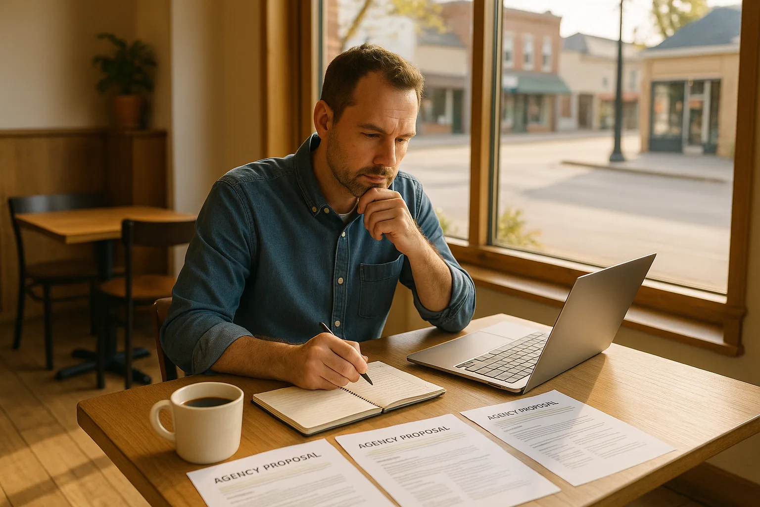 Small business owner comparing digital marketing agency proposals at a cafe table