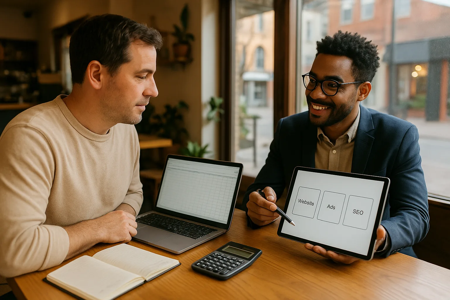 Small business owner reviewing digital marketing agency costs with a consultant at a café table