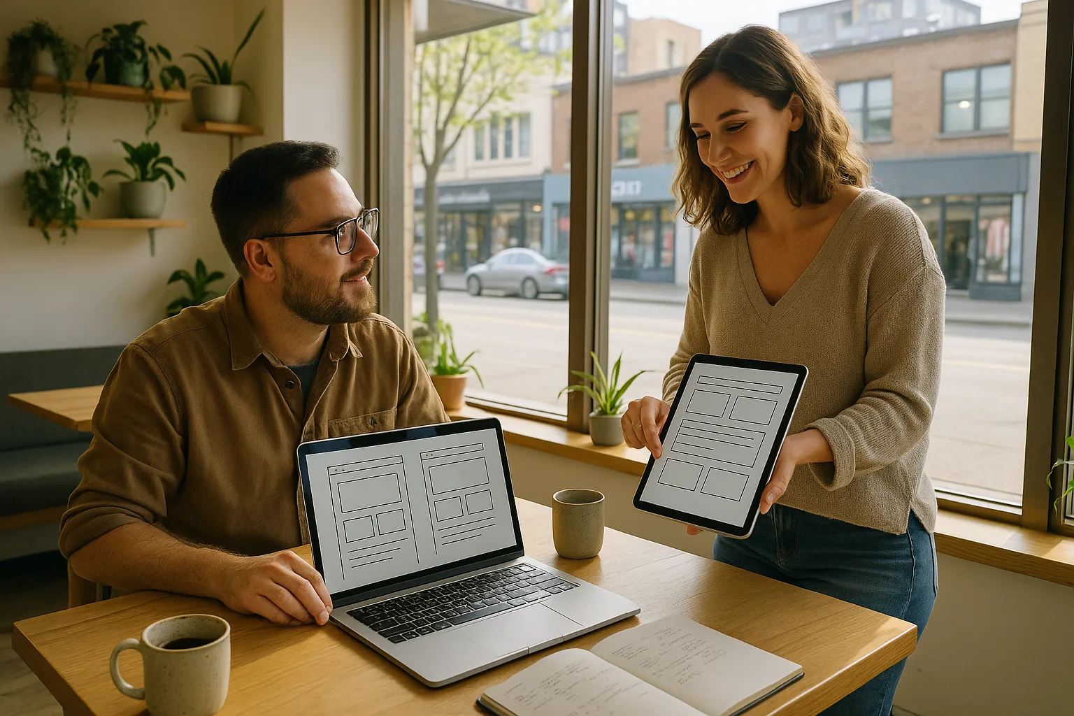 A small business owner and marketer reviewing website design package pricing at a cafe table.