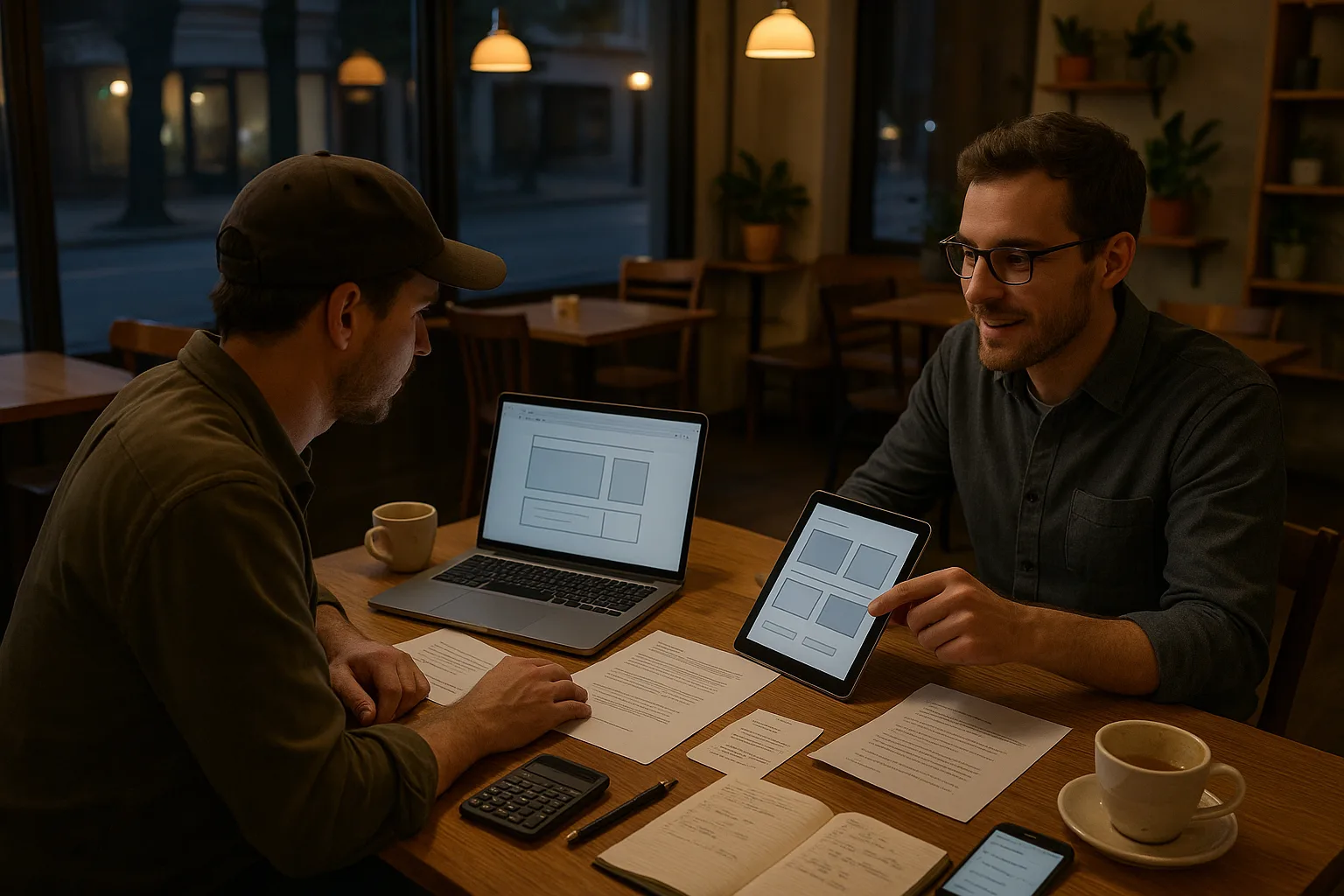 Small business owner reviewing website design package quotes with a digital marketing agency designer in a café