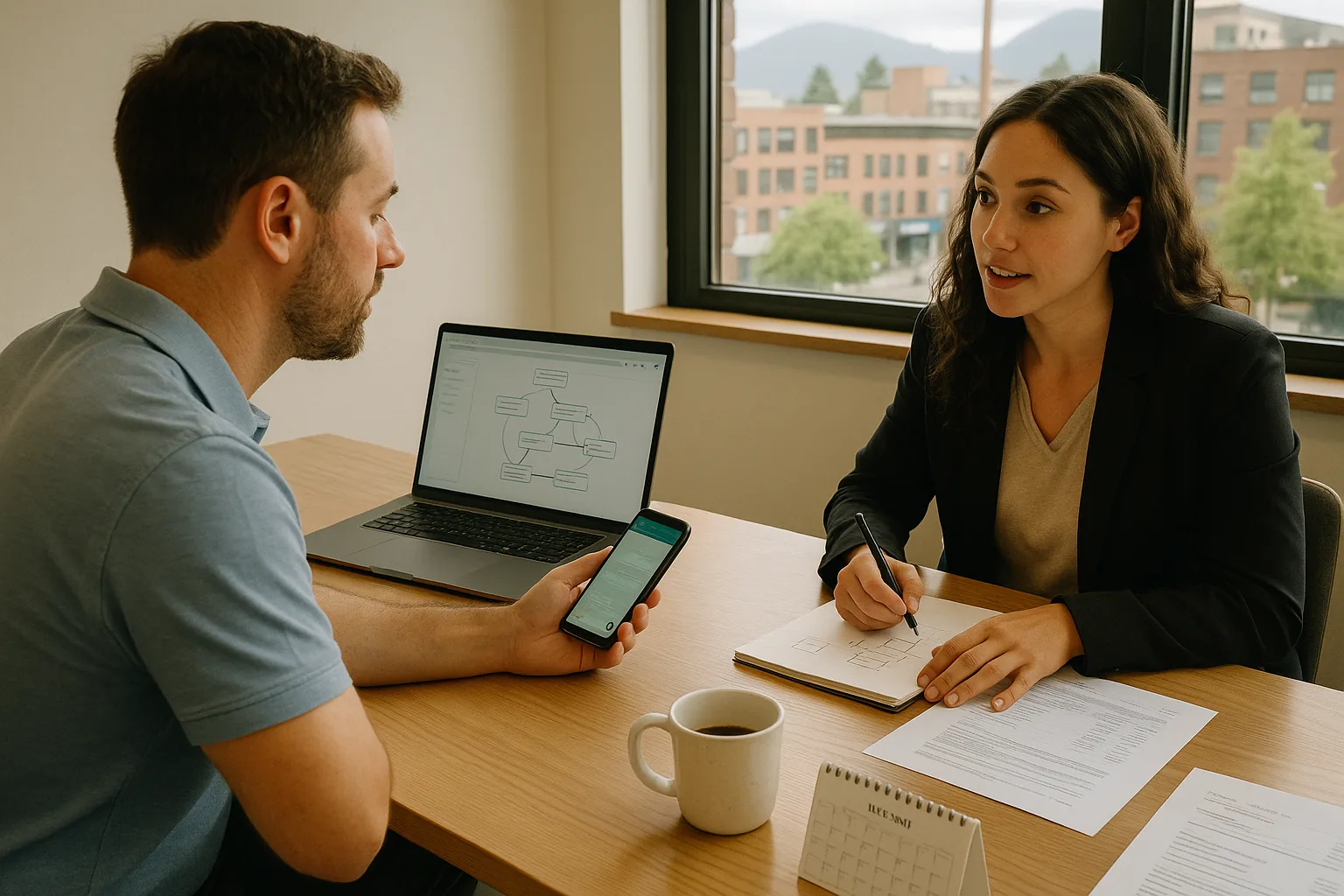 Small business owner discussing WhatsApp chatbot pricing with a digital marketing strategist at a desk
